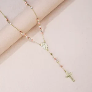 RENSINO Catholic Christian Gold Plated Brass Zircon Cross Rosary Pendant Necklace Gift Fashionable Religious Style