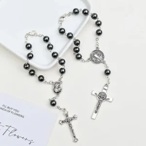 RENSINO Catholic Religious Hematite Rosary Bracelet for Men Women One Decade Black Bead Cross Crucifix Pendant Prayer Jewelry Gift