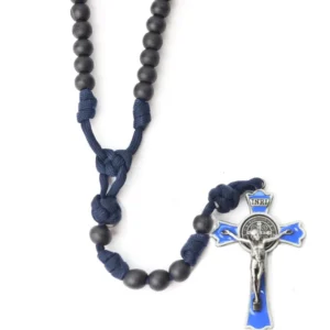 RENSINO Catholic Rosary Necklace Black Wood Beads Blue Enamel Jesus Cross Pendant Braided Cord Paracord Rosary