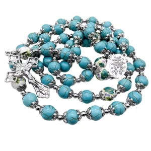RENSINO Catholic Turquoise Marble Beads Blue Rosary Flowers Beaded Necklace Virgin Mary Medal Cross Crucifix Silver Tone Rosaries