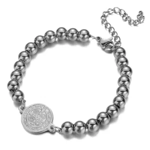 RENSINO Catholicism Religious Jewelry Fashion 18K Gold Plated Stainless Steel St Saint Benedict Bead Coin Bracelet High Gift