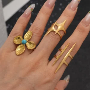 RENSINO Celestial Starburst Filigree Cutout Shield Minimalist Abstract Layered Waterproof Gold Plated Shopify Pack Trend Band Ring