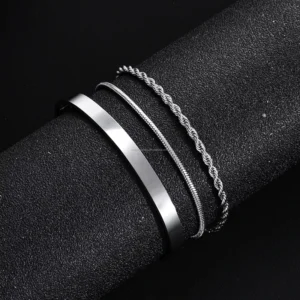 RENSINO Chain Link Bracelets Women’s Silver Plated Brass Bracelet Bangles Three Layer Bracelet 3mm/2mm/5.5mm