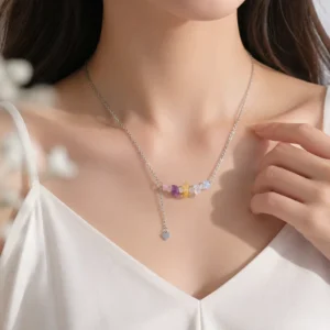RENSINO Chakra Crystal Chip Bead Smile Bar Necklace Adjustable Silver Plated Chain With Heart Tassel for Gift