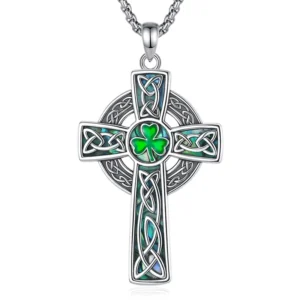 RENSINO Changda 925 Sterling Silver Clover Irish Religious Protective Gift Pendant Abalone Shell Celtic Bling Cross Necklace Link Chain
