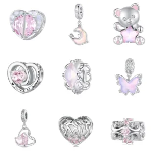 RENSINO Charm High Quality 925 Sterling Silver Pink Color Heart Pendant Charms for Jewelry Making
