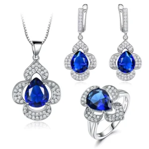 RENSINO Charm Mature Special Design Bule Gems 925 Silver Necklace Ring Earrings Jewelry Set for Ladies