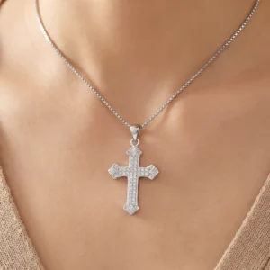 RENSINO Charm Pendants Rhodium Plated Cubic Zirconia Christian Cross God Retro 925 Sterling Silver Fine Jewelry