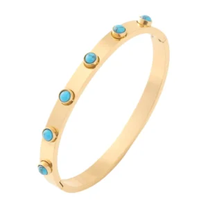 RENSINO Charm Round Dot Ball Bracelet Stainless Steel 18K Gold Plated Waterproof Metal Inlaid Turquoise Bangle for Women