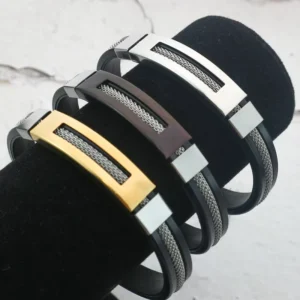 RENSINO Charm Stainless Steel Pu Leather Bracelet with Silver Clasp for Men Business Wedding Personalized Jewelry