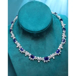 RENSINO Charm Women’s Fashion Jewelry 925 Silver Lab Grown Blue Sapphire Necklace Luxury Flower Shape Full Diamond Necklace
