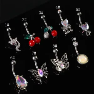 RENSINO Cherry Fox Stainless Steel Belly Ring with Gold Plated Heart Pendant Navel Nail Ladies Party Sexy Body Jewelry 1PCS for Children