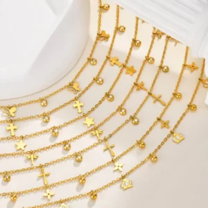RENSINO Chic Fashion Accessory Parties 18K PVD Gold Stainless Steel Anklet Cross Butterfly Tassel Pendant Featuring Zircon