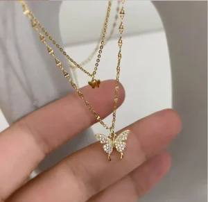 RENSINO Chic Jewelry Silver Shiny Crystal Butterfly Choker Necklace Double Layer Sparkling Butterfly Pendant Necklace for Wedding