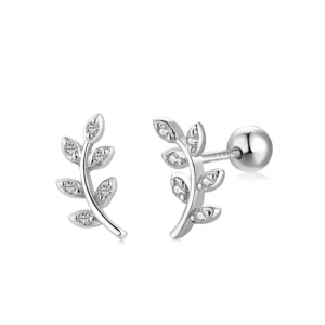 RENSINO Children Safety Screw Back Locking Sterling Silver Rose Gold Plated Mini Crystal Leaves Stud Earrings