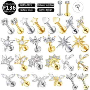 RENSINO Children’s ASTM F136 Titanium Threadless Body Piercing Push in Flatback Labret Lobe Gold Plated Zircon Earring