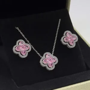 RENSINO Chinese Factory Boutique 925 Sterling Silver Zircon Four-leaf Clover Set Necklace Thigh Clover Earrings Inlaid Clover Chain Gift