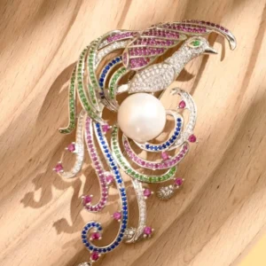 RENSINO Chinese Style Vintage S925 Pure Silver Phoenix Brooch Natural Pearl Zirconia Pin