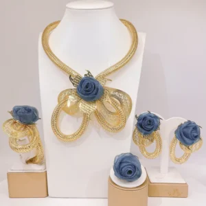 RENSINO Choker Blue Flower Jewelry Set Elegant Collar Brazalete Aretes Anillo 4PC Set for Navidad Christmas