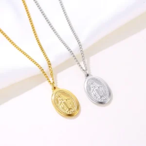 RENSINO Christian 18K Gold Plated Silver Stainless Steel Catholic Vintage Medal Religious Fashion Pendant Necklace Mary Our Lady Jewelry