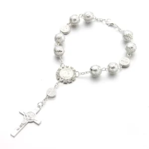 RENSINO Christian Glass Pearl Bracelet Cross Catholic Silver Rosary Bracelet Religious Jewelry