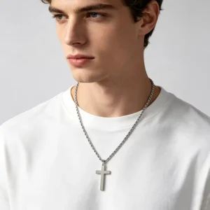 RENSINO Christian Jewelry Glod Silver Mens Stainless Steel Cross Pendant Necklace with Rope Chain Glod Cross Necklace for Men Gifts