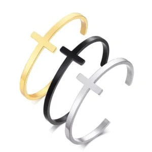 RENSINO Christian Religious Jewelry Stainless Steel Simple Adjustable 18k Gold Plated Cross Cuff Bangle Bracelet for Men Women