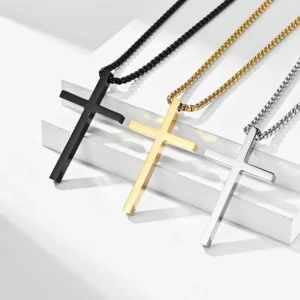 RENSINO Christian Simple Smooth Cross Gold Plated Stainless Steel Pendant Fashion Jewelry Necklace for Men Women Religious