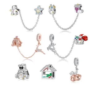 RENSINO Christmas Bear Candy House Bell 925 Silver Charm Jewelry Bracelet Pendant with Clear CZ Pumpkin Car Safety Chain Bead for Women