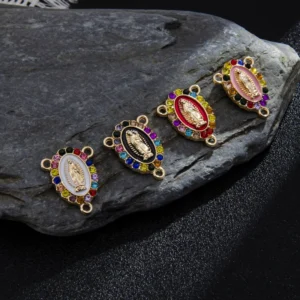 RENSINO Classic 18K Gold Plated Alloy Metal Oval Pendant Colorful Zircon Inlay Oil Drip Jesus Saint Benedict Pendant