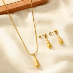 RENSINO Classic 18k Gold plated Stainless Steel Droplet Pendant Necklace Earrings Women’s Fashion Jewelry Set Certified