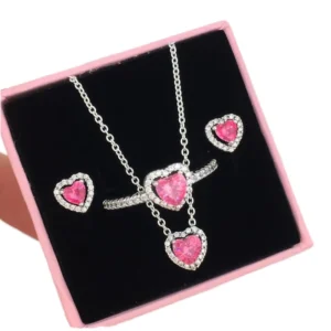 RENSINO Classic 925 Sterling Silver Jewelry Set with Natural Zircon Pink Heart Necklace Earrings-Women & Children’s Lovers Pattern Gift