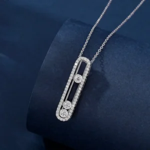 RENSINO Classic 925 Sterling Silver Personalized Design Three Diamond Sliding Moissanite Pendant Rhodium Plated Women’s Necklace Jewelry