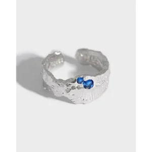 RENSINO Classic 925 Sterling Silver Ring Irregular Texture Gold Ring Blue Zircon Ring for Women Simple Ring Jewelry