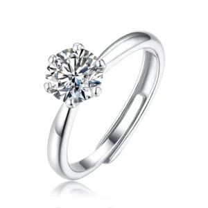 RENSINO Classic 925 Sterling Silver Women’s Resizable Moissanite Ring Six Claws Sparkling Fine Jewelry