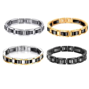 RENSINO Classic Black Titanium Stainless Steel Bracelet for Men Natural Health Jewelry Magnet Stones Mens Fashion Charm Bracelets
