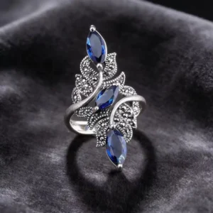 RENSINO Classic Blue Zirconia Marquise Cut Rings For Women Silver Tone Alloy Vintage Marcasite Style Jewelry