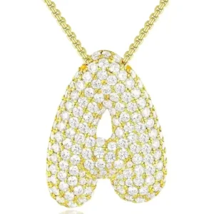 RENSINO Classic Brass Bubble Letter Necklace 14K Gold Plated Initial Pendant Paved Zircon Jewelry Gift for Women Girls