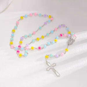 RENSINO Classic Candy Color Matte Prayer Beaded Necklace Silver Alloy Round Plate Jesus Cross Pendant Necklace