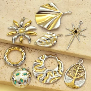RENSINO Classic Children’s Fashion Gold Plated Stainless Steel Silver Necklace Pendants Zircon Pave Leaf Charm for Necklace Making Diy