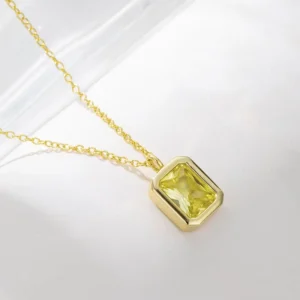 RENSINO Classic Elegant 925 Sterling Silver Emerald Cut Olive Yellow Zircon Geometric Square Pendant Necklace Fine Jewelry for Her