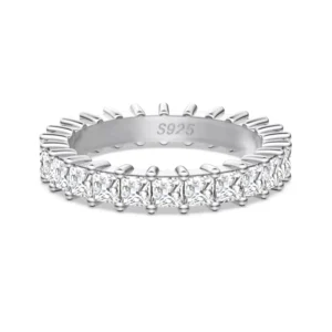 RENSINO Classic Fine Jewelry 925 Sterling Silver Eternity Band Square 5A CZ Cubic Zirconia Promise Bridal Engagement Ring