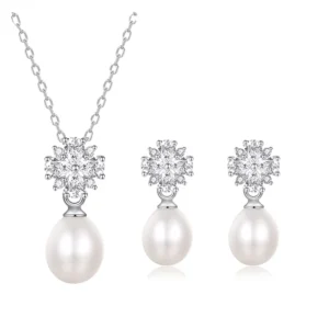RENSINO Classic Fine S925 Silver Snowflake Zirconia Natural Freshwater Pearl Necklace Earring Wedding Engagement Bridal Jewelry Set
