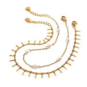 RENSINO Classic Geometric Unisex Stainless Steel Gold Plated Pearl Anklet Bracelet Chain Pendant