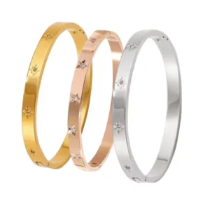 RENSINO Classic High End Stainless Steel Cuff Bracelet Trendy Eight Pointed Star Inlaid Zircon Gold Plated 18K Bangles Jewelry