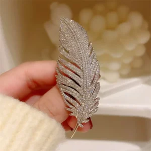 RENSINO Classic Inlaid Zircon Jewelry Silver Crystal Corsage Decorative Leaf Suit Pin Women Large Feather Brooch