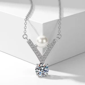 RENSINO Classic Luxury V shaped Moissanite Necklace 925 Sterling Silver Rhodium Plated Link Chain 1.0 Carat D Color VVS1 Chevron Pendant