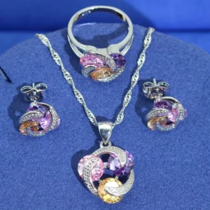 RENSINO Classic Multicolor Zircon 925 Silver Jewelry Set for Wedding Party or Engagement Includes Earrings Necklace Pendant Ring