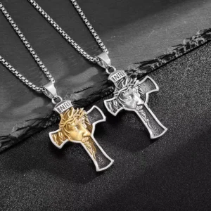 RENSINO Classic Religious Christian Jewelry Stainless Steel Jesus Portrait Cross Pendant Necklace for Men