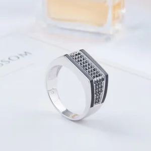 RENSINO Classic Rhodium Plating Black Spinel Rectangular Band Silver Men Ring